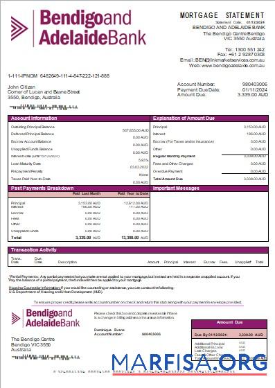 Printable Australia Bendigo and Adelaide Bank bank mortgage statement scr download for verification